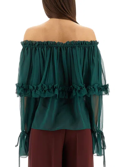 Saint Laurent Off The Shoulder Long Sleeve Top In Green