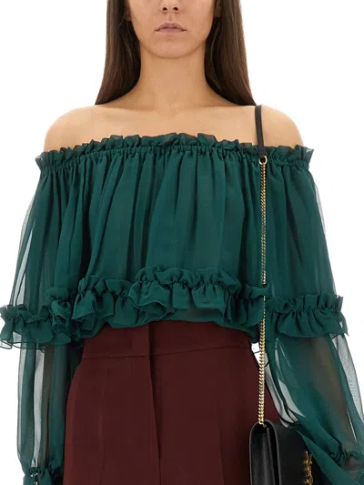 Saint Laurent Off The Shoulder Long Sleeve Top In Green