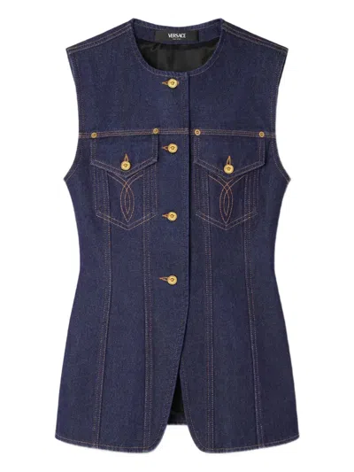 Versace Denim Vest With Buttons In Blue