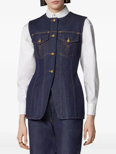 Versace Denim Vest With Buttons In Blue