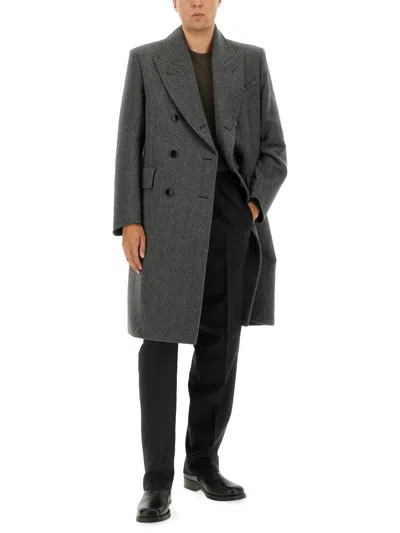 Tom Ford Mens Dark Grey Black Herringbone Double-breasted Wool Coat In Gray
