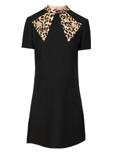 Valentino Black Crepe Couture Dress With Animal-print Bow