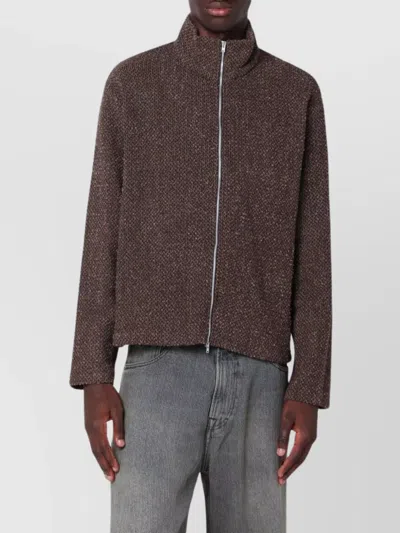 Our Legacy Textured Fabric Long Sleeve High Collar Cardigan In Brown