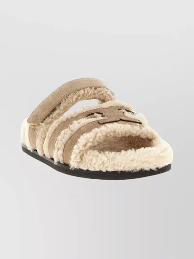 Tory Burch Ines Shearling Sport Slide Sandals In Brown