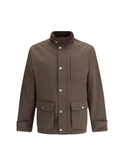 Brunello Cucinelli Men Stretch Membrane Nylon Jacket In Brown