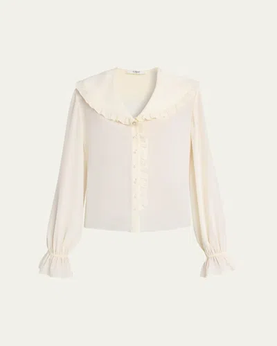 Chloé Bertha-collar Ruffle Button-down Silk Blouse In Neutral