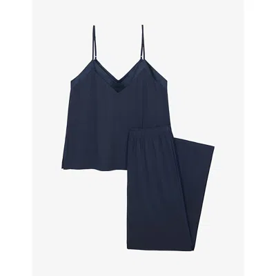 The White Company S Navy Satin-trim Stretch-jersey Pyjamas Xl In Blue