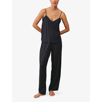 The White Company S Navy Satin-trim Stretch-jersey Pyjamas Xl In Blue