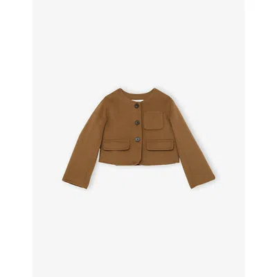 Reiss Camel Wool-blend Cropped Collarless Jacket In Brown