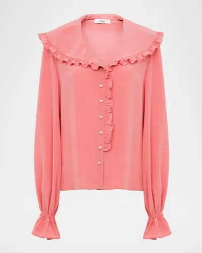 Chloé Bertha-collar Ruffle Button-down Silk Blouse In Red
