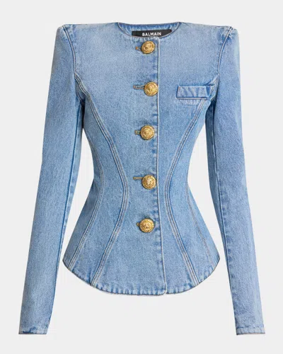 Balmain Cotton Jacket With Long Sleeves And Gold Buttons In Blue
