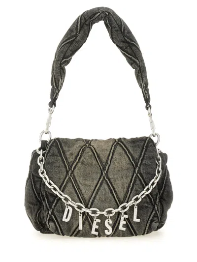 Diesel Charm-d S-small Shoulder Bag In Quilted Denim In Gray