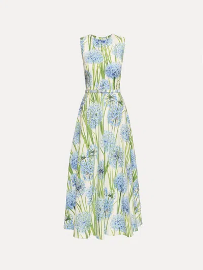 Oscar De La Renta Alliums Poplin Sleeveless Belted Midi Dress In Blue