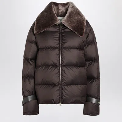 Fendi Women Brown Down Jacket With Shearling Collar And Logo Patch On The Front In Tech Fabric Woman In Brown