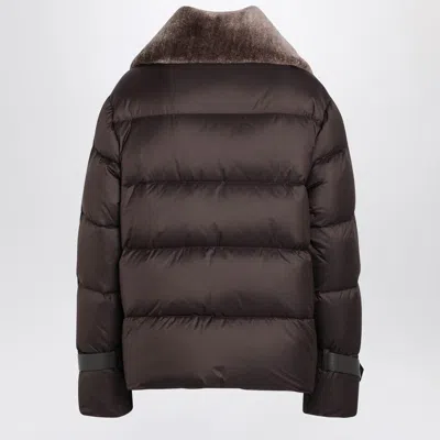 Fendi Women Brown Down Jacket With Shearling Collar And Logo Patch On The Front In Tech Fabric Woman In Brown