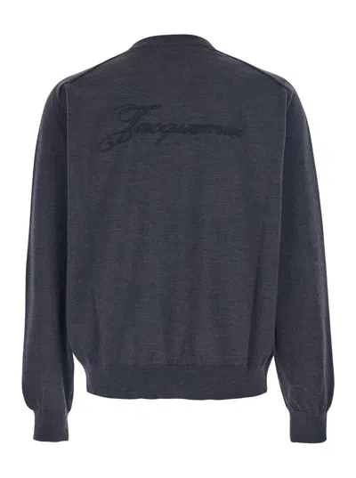 Jacquemus Long Sleeve Crewneck Sweater With Ribbed Cuffs In Blue