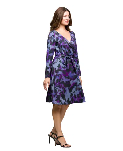 24seven Comfort Apparel Long Sleeve Wrap Dress With Belt Print In Blue