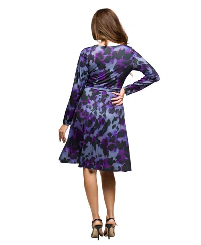 24seven Comfort Apparel Long Sleeve Wrap Dress With Belt Print In Blue