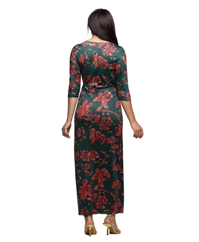 24seven Comfort Apparel Floral Print Three Quarter Sleeve Side Slit Maxi Dress In Green