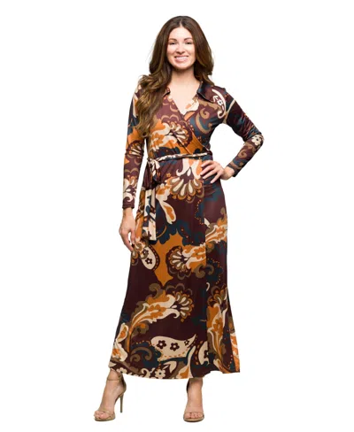 24seven Comfort Apparel Women's Brown Paisley Belt Waist Maxi Dress In Brown