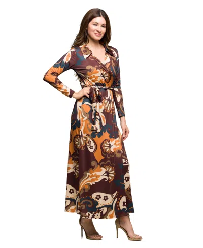 24seven Comfort Apparel Women's Brown Paisley Belt Waist Maxi Dress In Brown