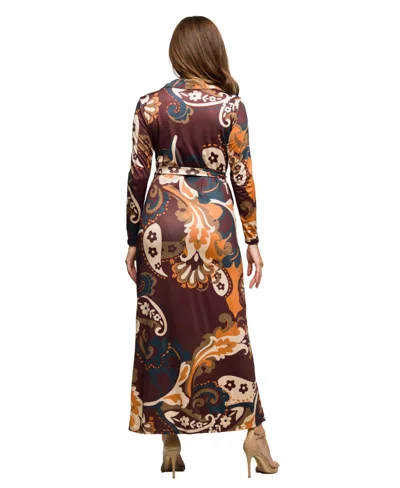 24seven Comfort Apparel Women's Brown Paisley Belt Waist Maxi Dress In Brown