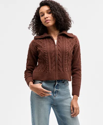 Hippie Rose Juniors' "soft & Cozy" Chenille Cable-knit Zip-up Sweater In Brown