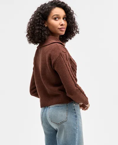 Hippie Rose Juniors' "soft & Cozy" Chenille Cable-knit Zip-up Sweater In Brown