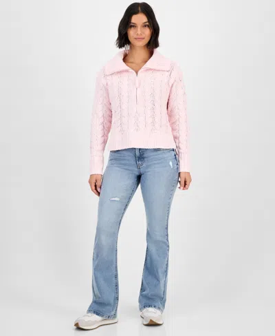 Hippie Rose Juniors' Chenille Cable-knit Half-zip Sweater In Pink