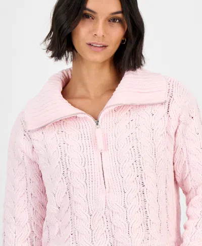 Hippie Rose Juniors' Chenille Cable-knit Half-zip Sweater In Pink
