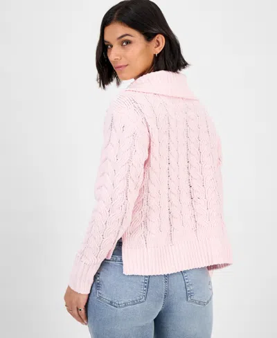 Hippie Rose Juniors' Chenille Cable-knit Half-zip Sweater In Pink