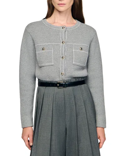 Sandro Womens Grey Contrast-stitch Wool-blend Cardigan In Gray
