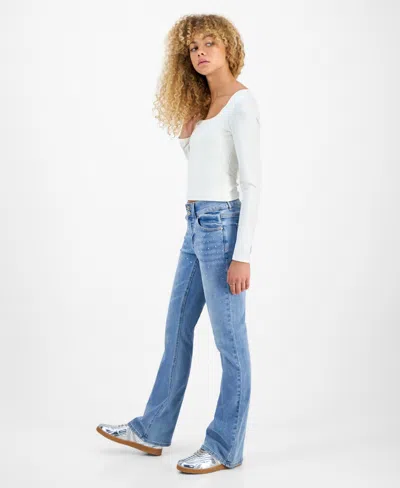 Madden Girl Juniors' Rhinestone Embellished Mid Rise Bootcut Jeans In Brown