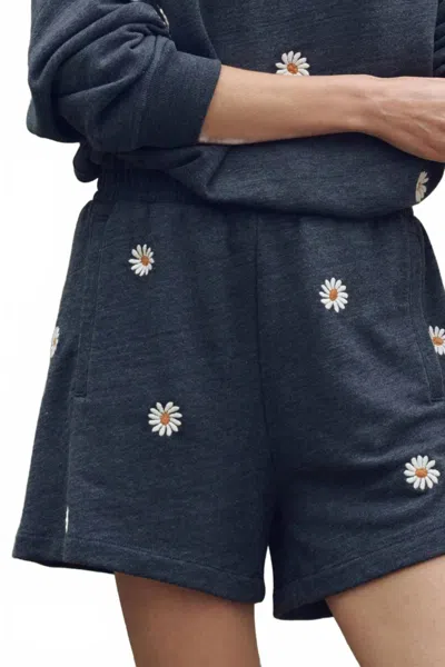 The Great Victory Shorts With Daisy Embroidery In Heathered Vintage Blue In Blue