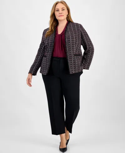 Kasper Plus Size Tweed Collarless Open-front Jacket In Black