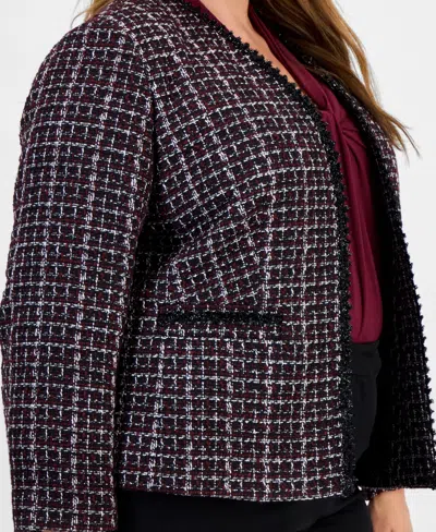 Kasper Plus Size Tweed Collarless Open-front Jacket In Black