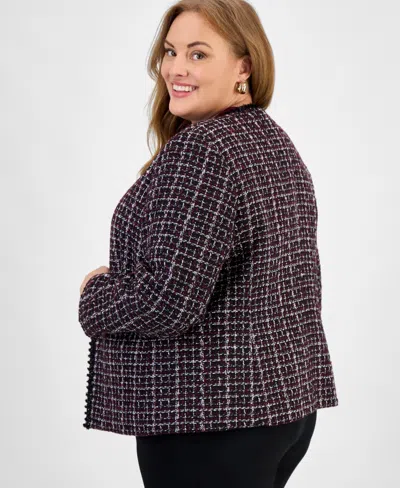 Kasper Plus Size Tweed Collarless Open-front Jacket In Black