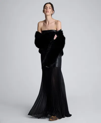 Kenneth Cole Faux Leather Mixed Media Pleated Maxi Dress In Black