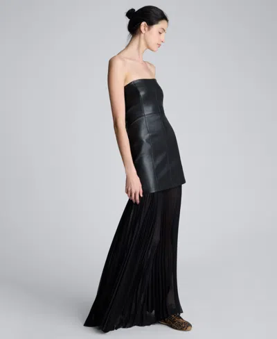 Kenneth Cole Faux Leather Mixed Media Pleated Maxi Dress In Black