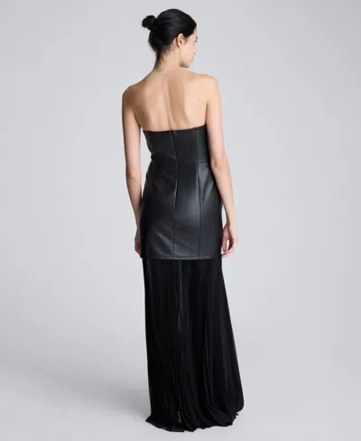 Kenneth Cole Faux Leather Mixed Media Pleated Maxi Dress In Black