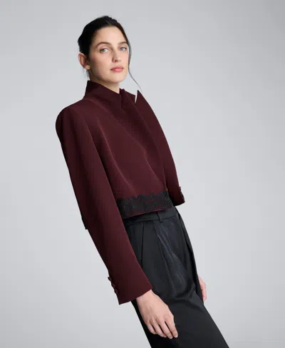 Kenneth Cole Luxe Twill Fitted Cropped Blazer With Lace Trim In Brown