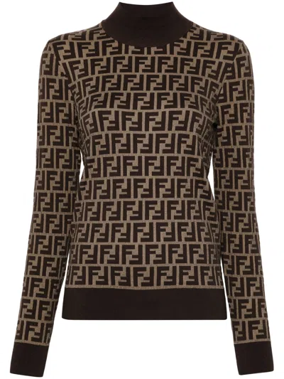 Fendi Ff Jacquard Turtleneck Sweater In Brown