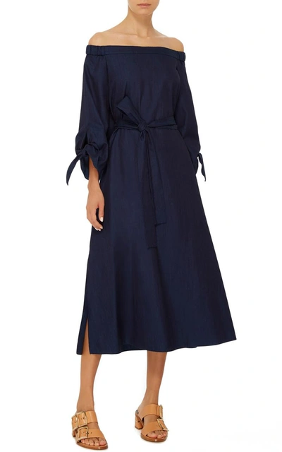 Tibi Midi Off Shoulder Dress With Belt In Blue. In Denim | ModeSens