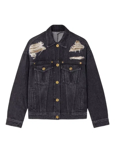 Versace Denim Jacket Distressed Front Pockets In Black