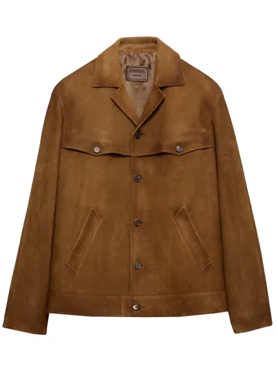 Prada Button-up Brown Coat With Structured Collar In Brown