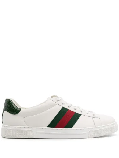 Gucci Ace Leather Sneakers With Lateral Web Band In White