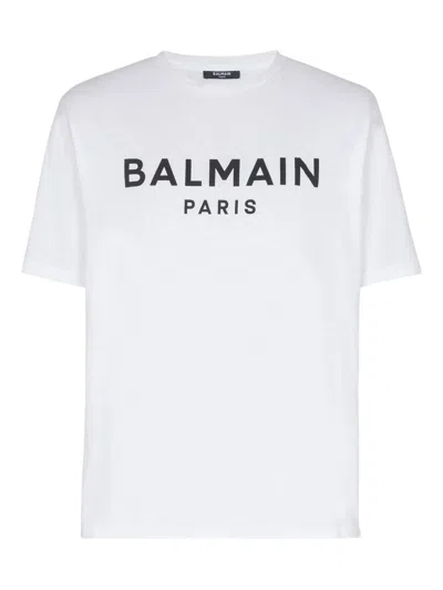 Balmain White Crewneck T-shirt With Contrasting Logo Lettering Print In Cotton In White