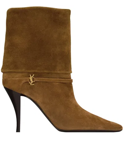 Saint Laurent Niki Suede Ysl Stiletto Ankle Booties In Brown
