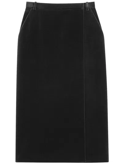 Saint Laurent Wrap-effect Cotton-velvet Midi Skirt In Black