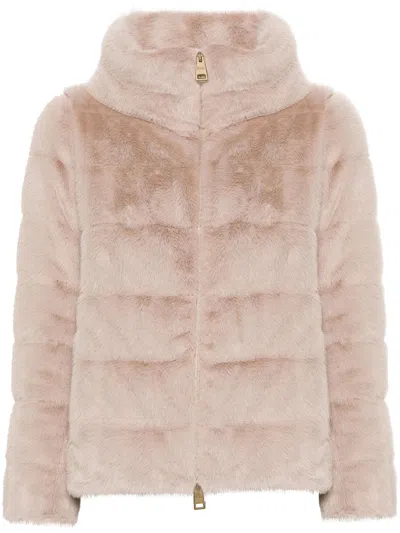 Herno Cropped Beige Coat With Horizontal Quilted Pattern And High Collar In Pink